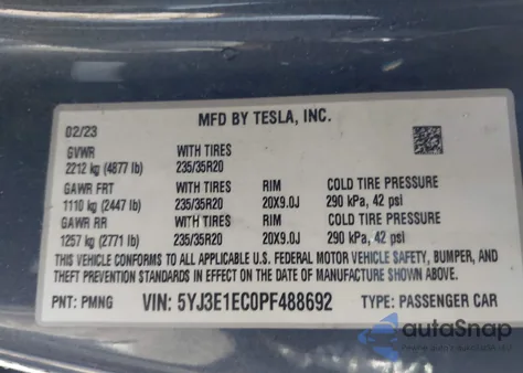 2023 Tesla Model 3 Performance Dual Motor All-Wheel Drive from USA, damaged, VIN 5YJ3E1EC0PF488692